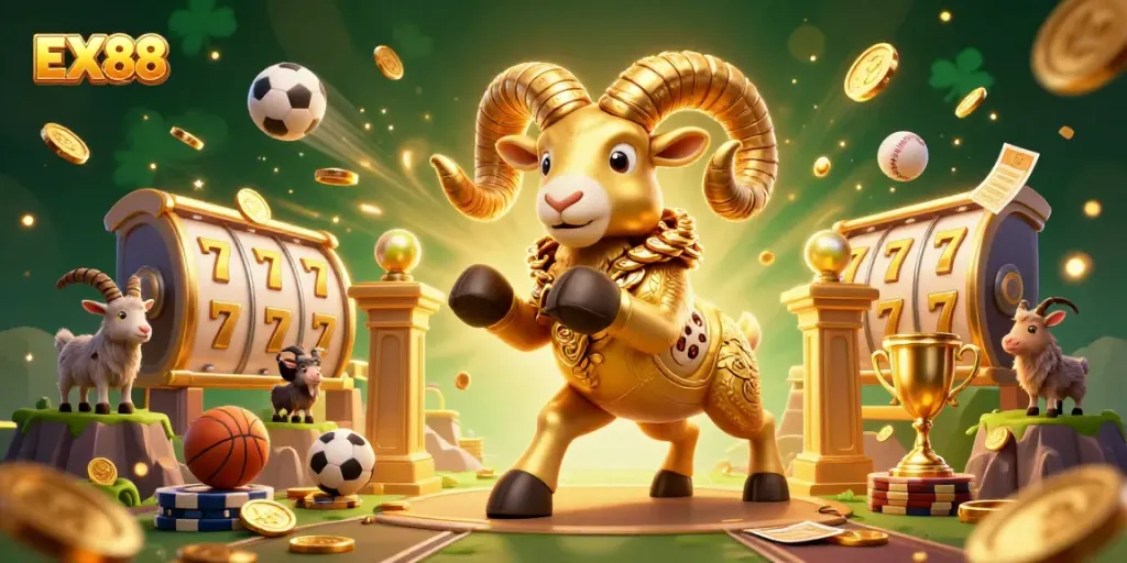 Experience the thrill of EX88 with a golden ram charging through a vibrant casino scene.
