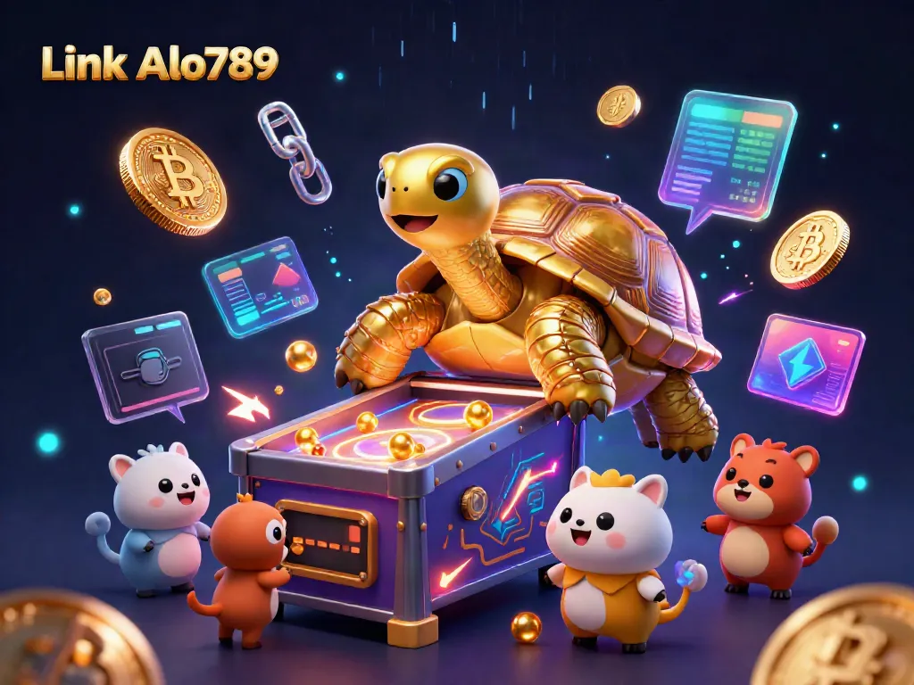 Experience thrilling wins at Link Alo789 with an exciting digital co-op gaming scene featuring a golden tortoise with vibrant elements.