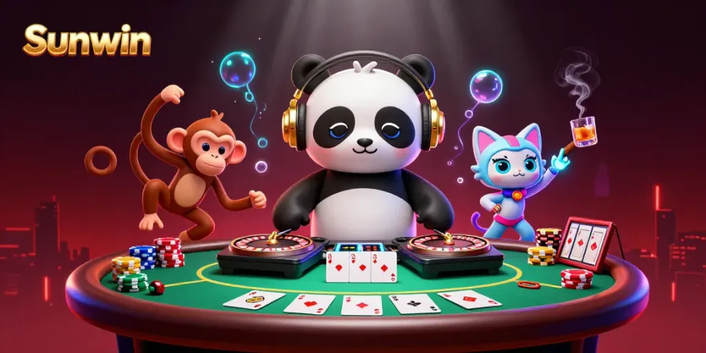 Experience the vibrant energy of Sunwin with a DJ panda and dancing monkey amidst poker and casino elements.