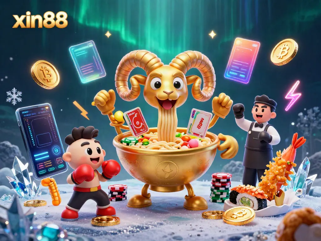 Join the excitement at xin88 with a lively casino scene featuring playful characters and glowing crypto coins.
