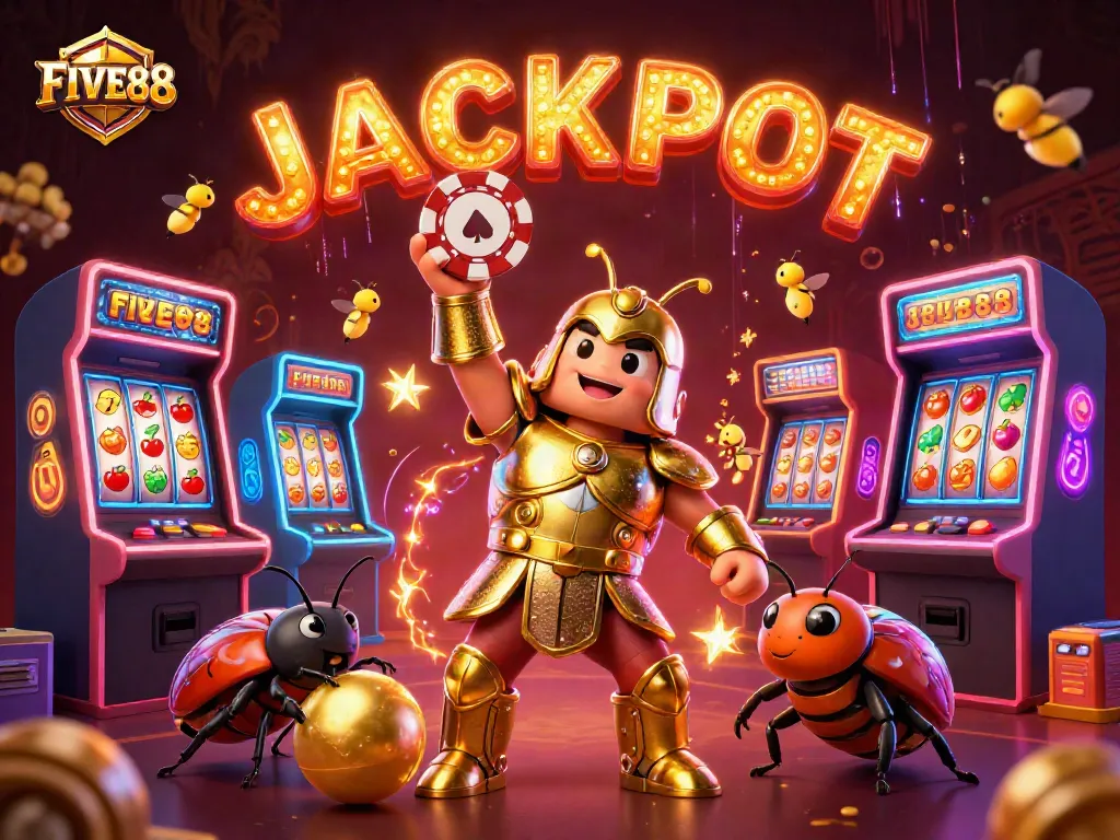 Join the jackpot action with FIVE88 in this vibrant online casino adventure showcasing winning moments.