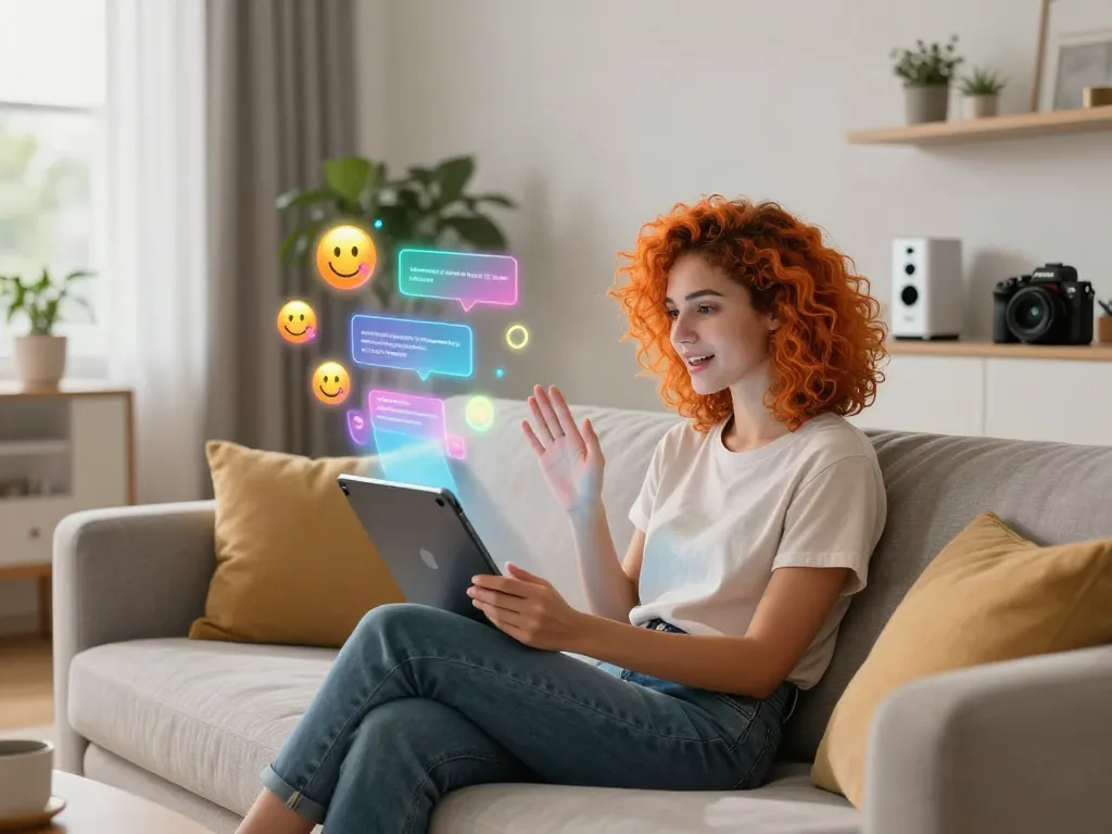 Engaging interaction with ai gf in a cozy, tech-savvy living room.