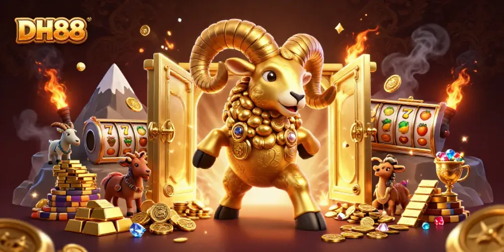 Experience the thrill of DH88 slots with golden ram, treasures, and vibrant elements!