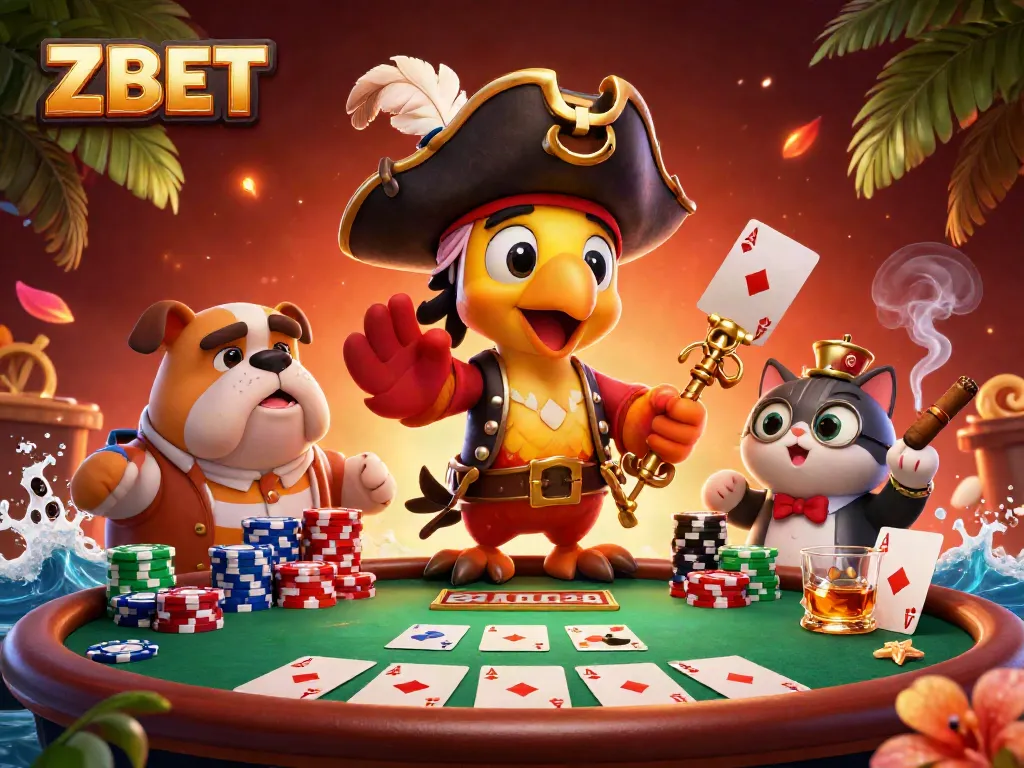 ZBET pirate-themed gaming scene with vibrant poker elements, showcasing 3D cartoon characters and dynamic details.