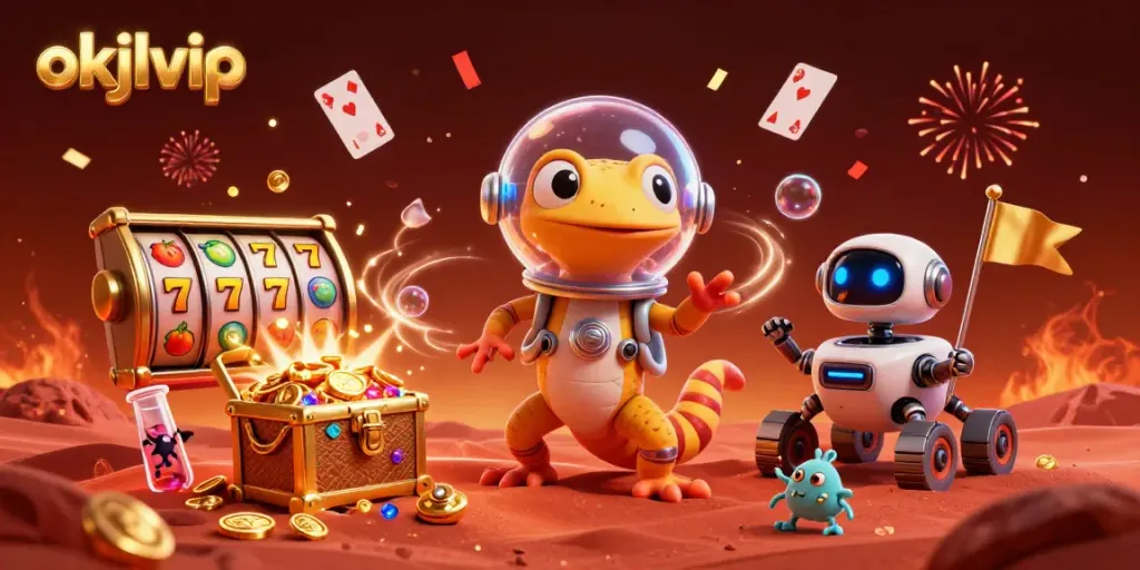 Experience casino excitement in the universe with okjlvip's animated Martian gecko discovering a golden treasure.
