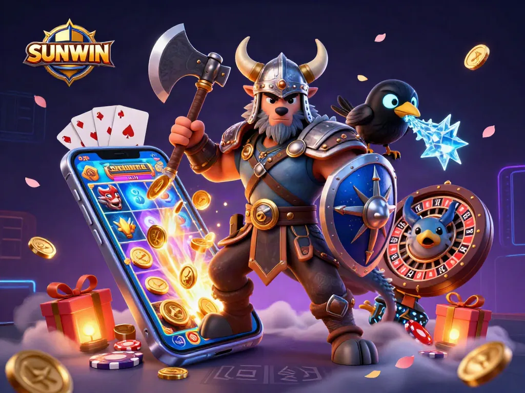 SUNWIN offers thrilling gameplay with a Viking wolf warrior, dragon, and casino elements for epic excitement.