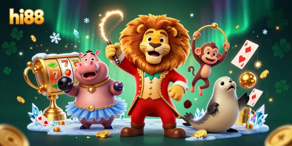 Experience excitement at hi88 as the vibrant circus characters engage in thrilling casino games.