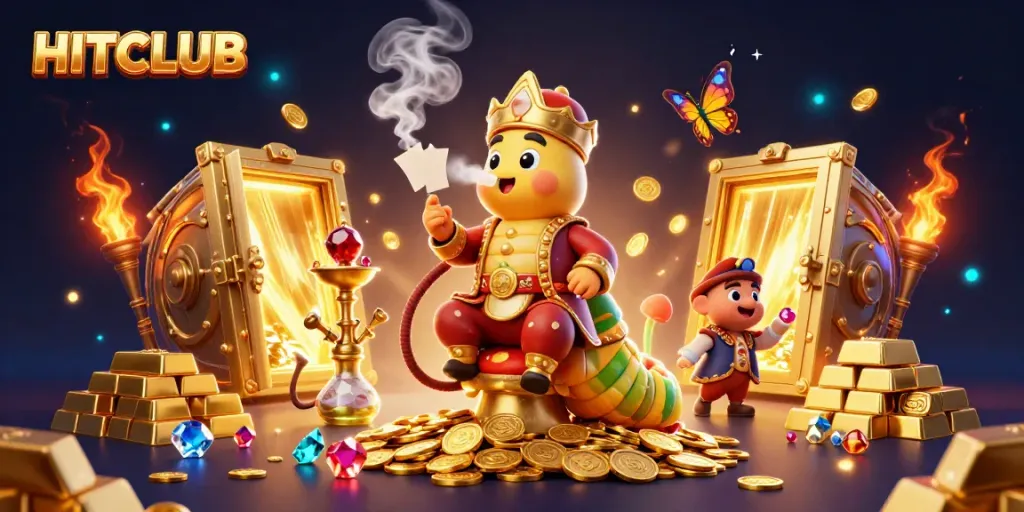 HITCLUB experience with a cartoon caterpillar master symbolizing excitement and intrigue in a casino setting.