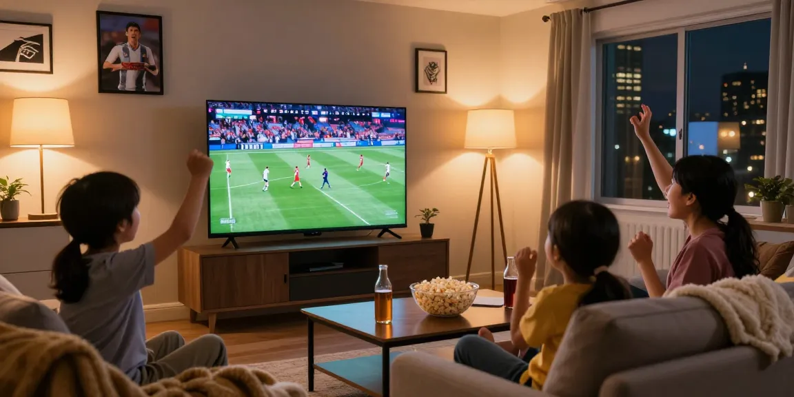Family enjoying IPTV streaming sports together in cozy living room
