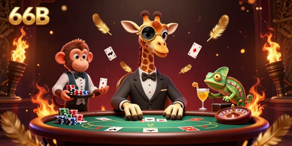 Experience 66B's lively casino scene with a high-roller giraffe, monkey valet, and chameleon bartender.