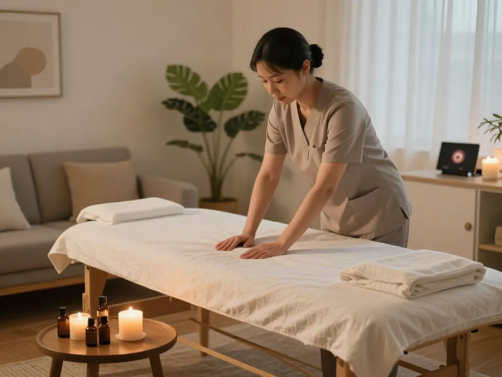 Relaxing 안산출장마사지 setup with a professional therapist, essential oils, and calming ambiance.