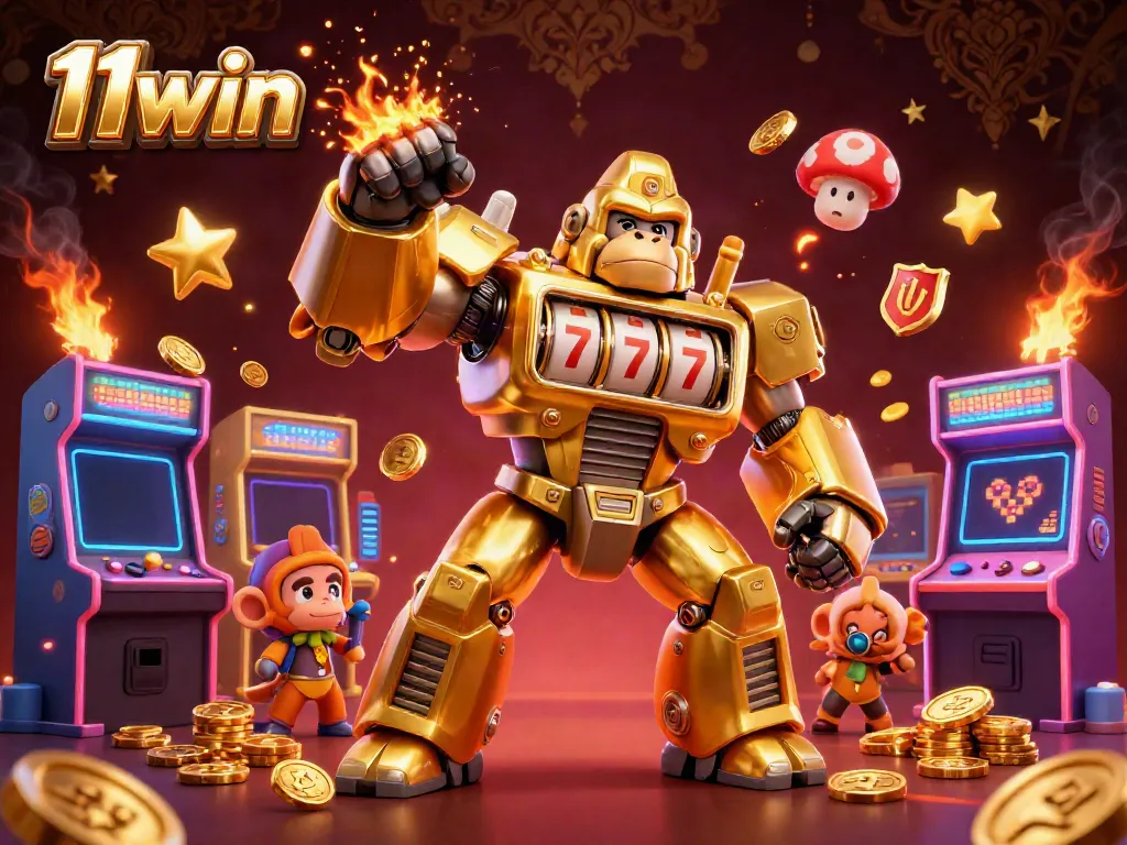 Experience the thrill of 11win with a dynamic 3D golden gorilla mech surrounded by vibrant casino elements.