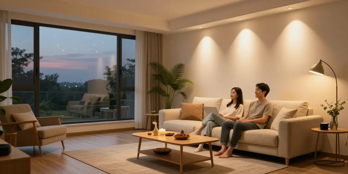 Camera de zi modernă iluminată cu spoturi LED, creând o atmosferă caldă și primitoare.