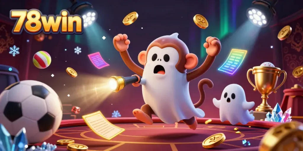 Engage in thrilling gaming with 78win's dynamic casino scene featuring lively characters and golden elements.