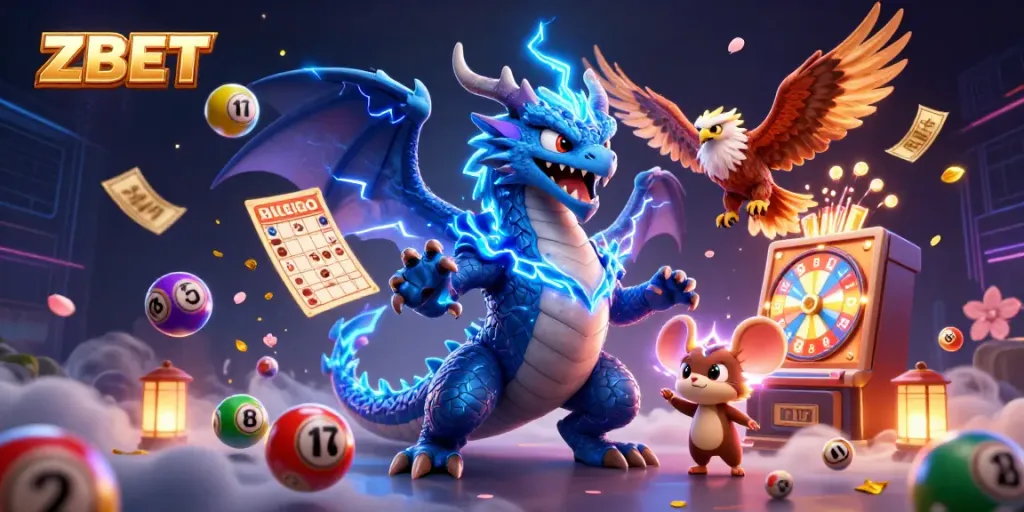 ZBET showcases an electrifying thunder dragon and dynamic gambling elements in a vibrant casino scene.