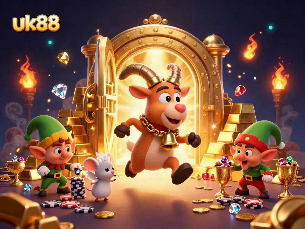 uk88 engages players in a thrilling and festive casino scene with Krampus and mischievous elves stealing poker chips.