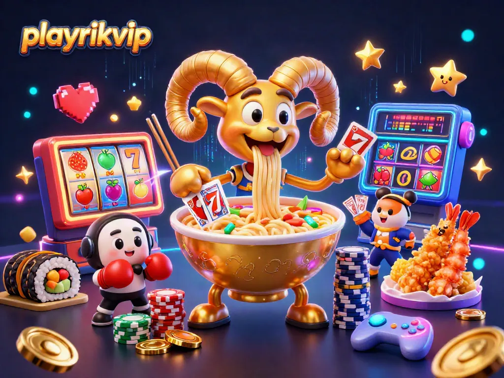 Engage with playrikvip's vibrant gaming scene featuring colorful slot reels and animated characters.