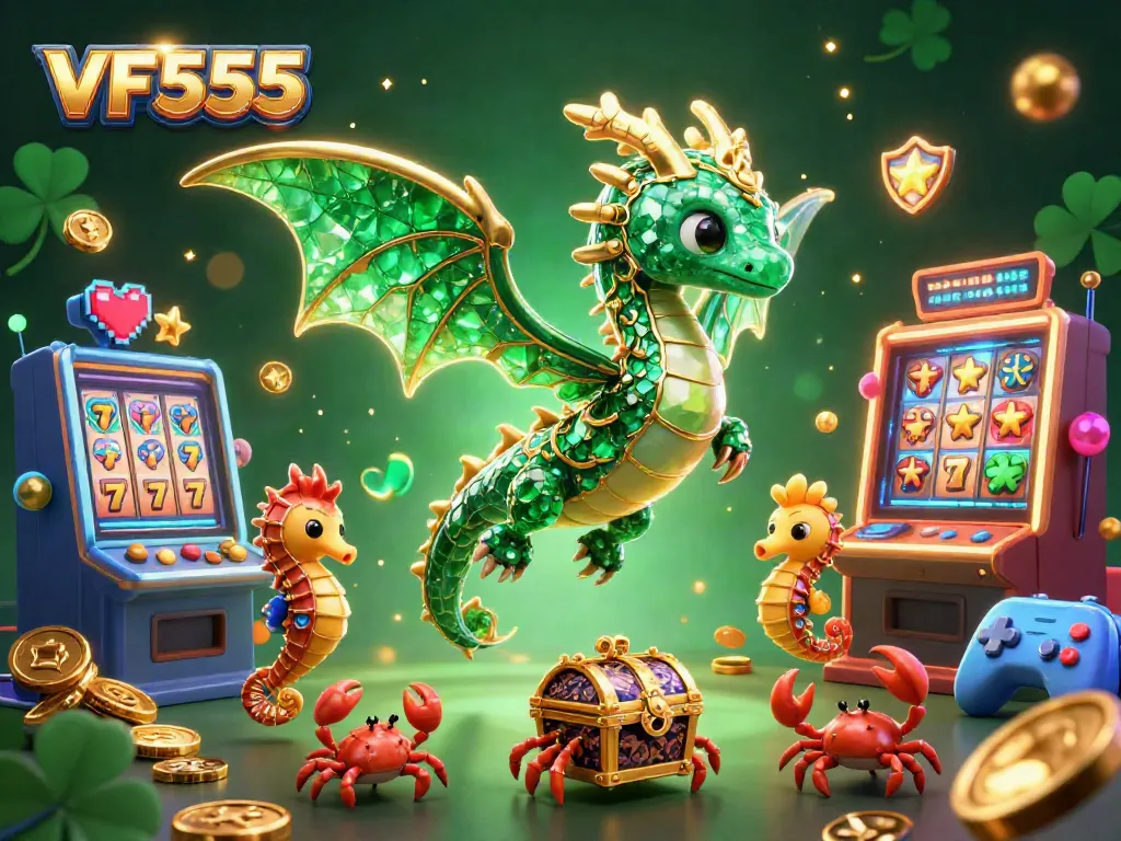 Win big with the VF555 casino experience, featuring a vibrant sea dragon and treasure-filled scene.