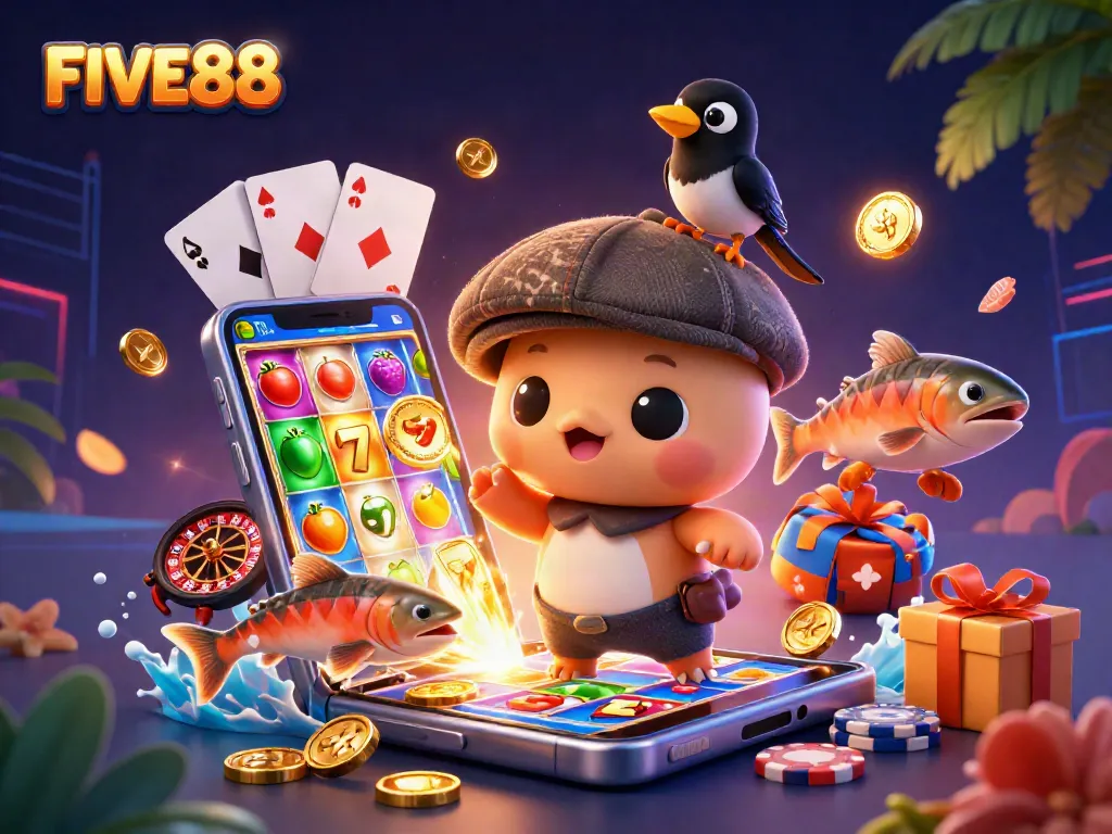 Engage with FIVE88's vibrant casino scene featuring energetic characters and slot game excitement.