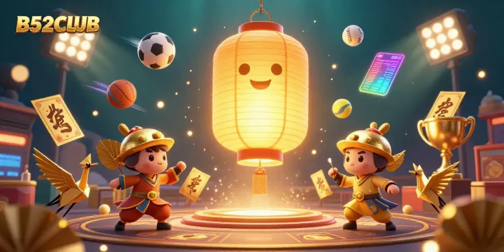 B52CLUB illuminates the night market casino with vibrant characters and dynamic sports elements.