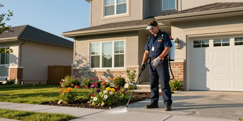 Calgary pest control specialist treating home foundation safely.