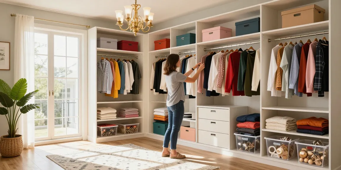 Closet organizing Ottawa scene with a professional organizer sorting clothes in a stylish, well-lit closet.