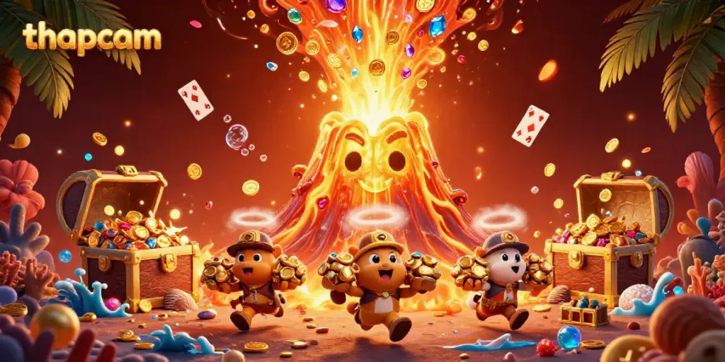 Experience the excitement of thapcam as treasures erupt from a golden volcano in a vibrant casino scene.