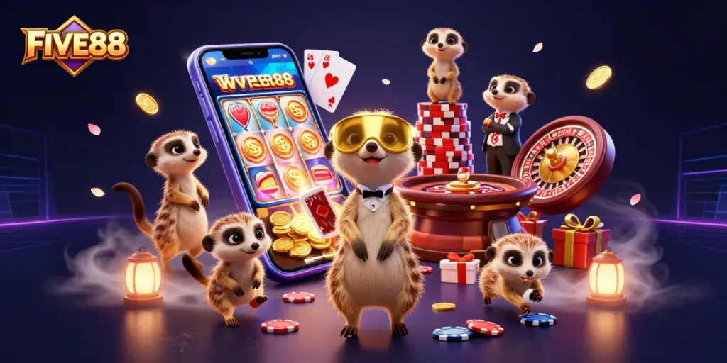 FIVE88 meerkats running a casino with colorful slots while sneaking chips in a vibrant 3D illustration
