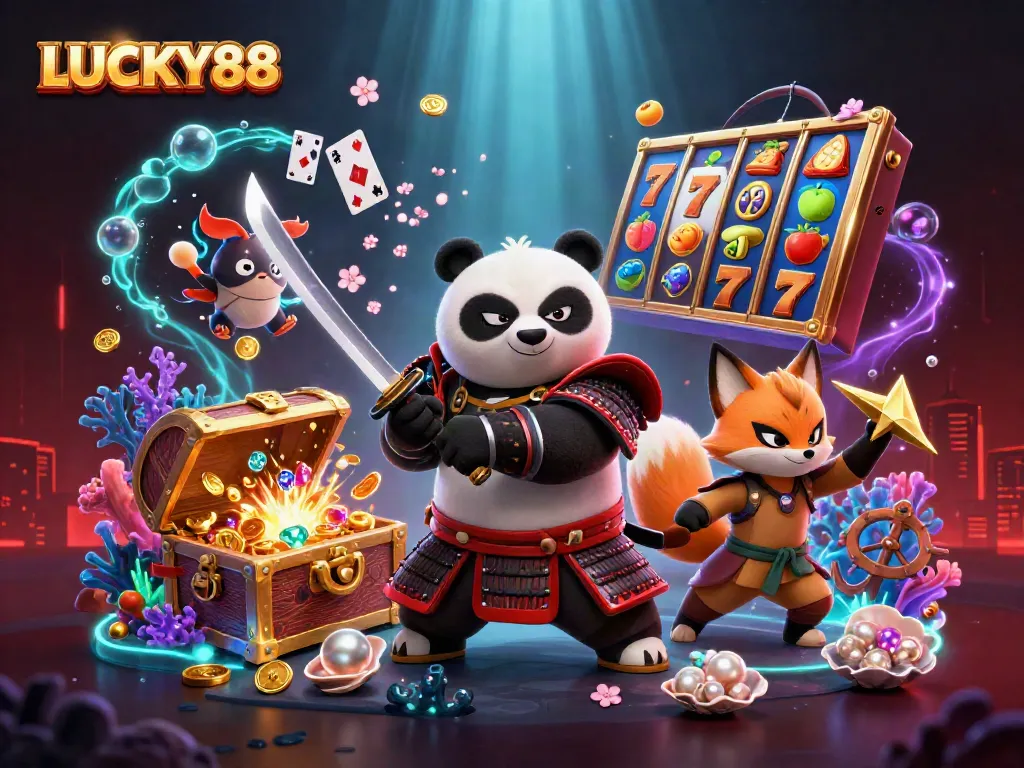 LUCKY88 slot game action with a samurai panda, ninja fox, and magical tanuki surrounded by dynamic casino elements.