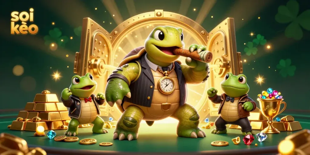 Soi kèo sports betting scene with a snapping turtle mobster and bullfrog enforcers surrounded by wealth symbols