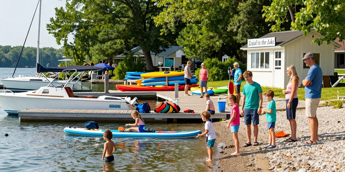 Kawagama lake marina with families enjoying summer activities, showcasing boat rentals, scenic waters, and community spirit.