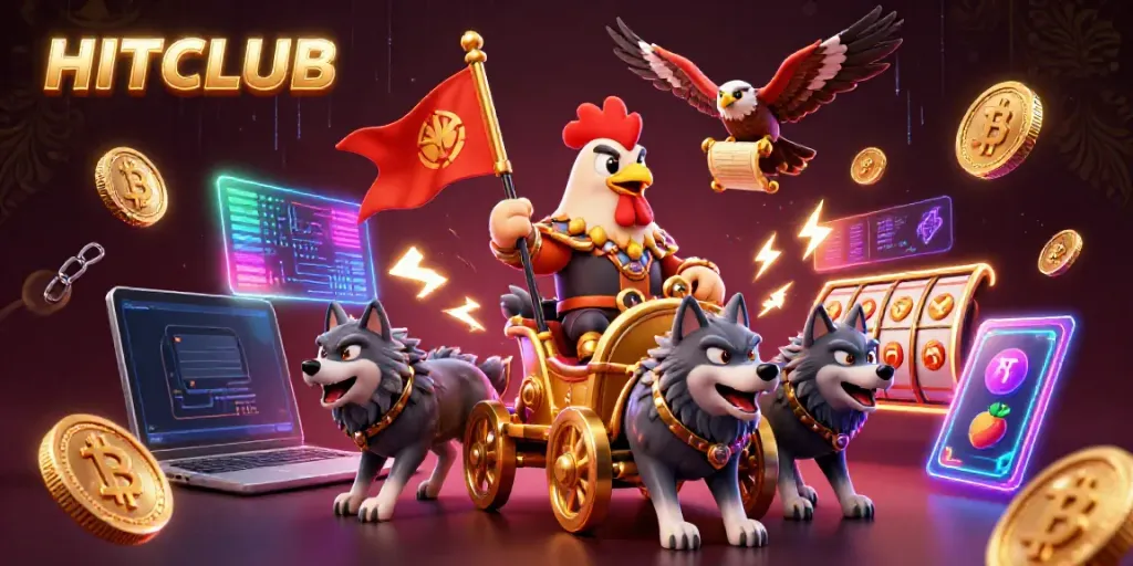 HITCLUB's thrilling casino experience showcases a 3D rooster warlord commanding a vibrant gaming scene.