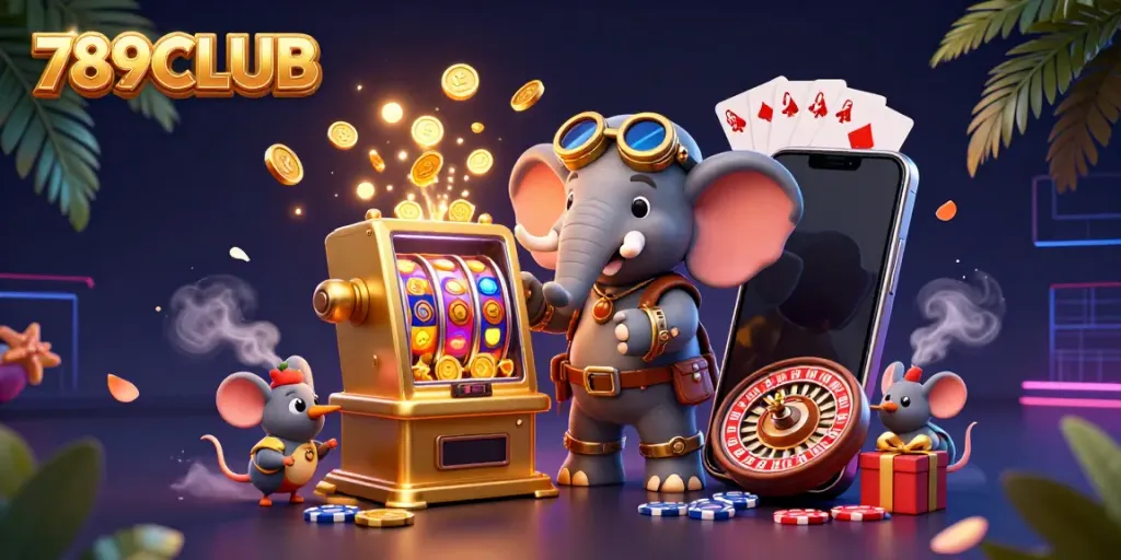 Experience the thrill of 789CLUB with a steampunk elephant operating a slot machine in a vibrant casino scene.