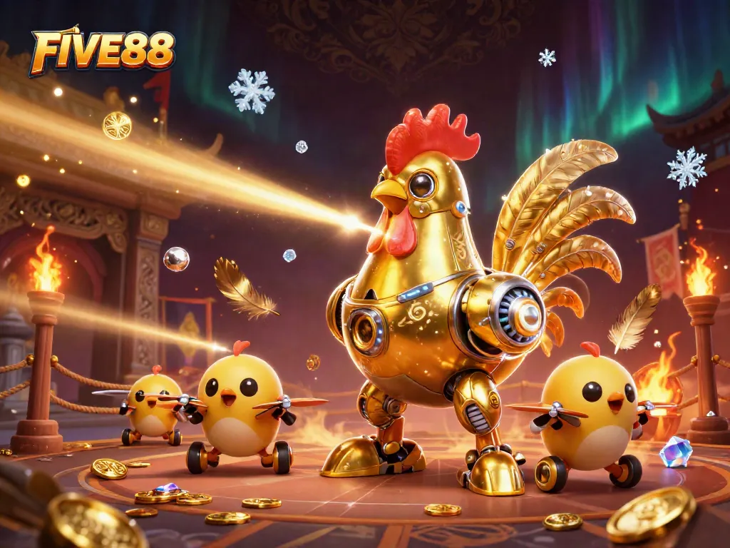 Experience excitement at FIVE88 with a golden rooster robot in a vibrant 3D gambling arena.