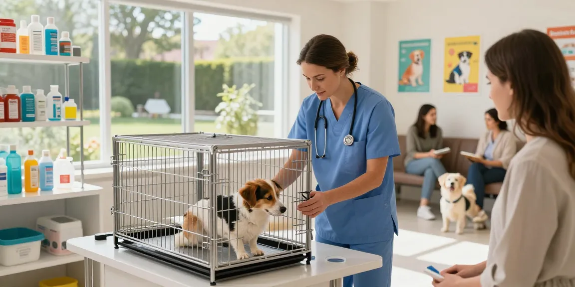 Veterinary Cages providing safety and comfort for dogs in a clinic setting with a veterinarian examining a pet.
