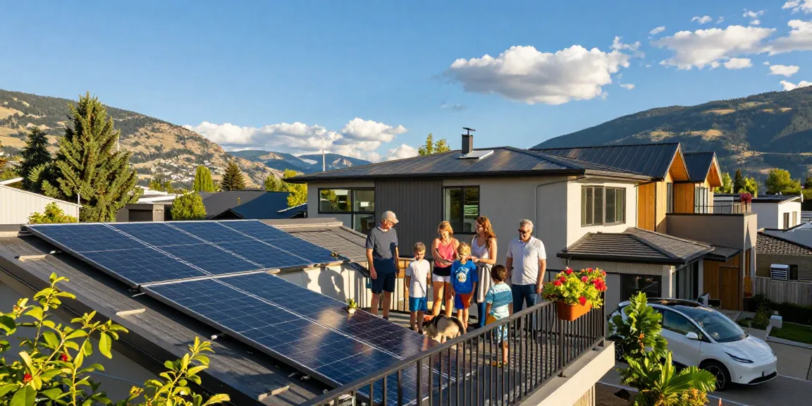 Residential solar panels Kelowna installed on a modern home with a family enjoying their eco-friendly lifestyle.