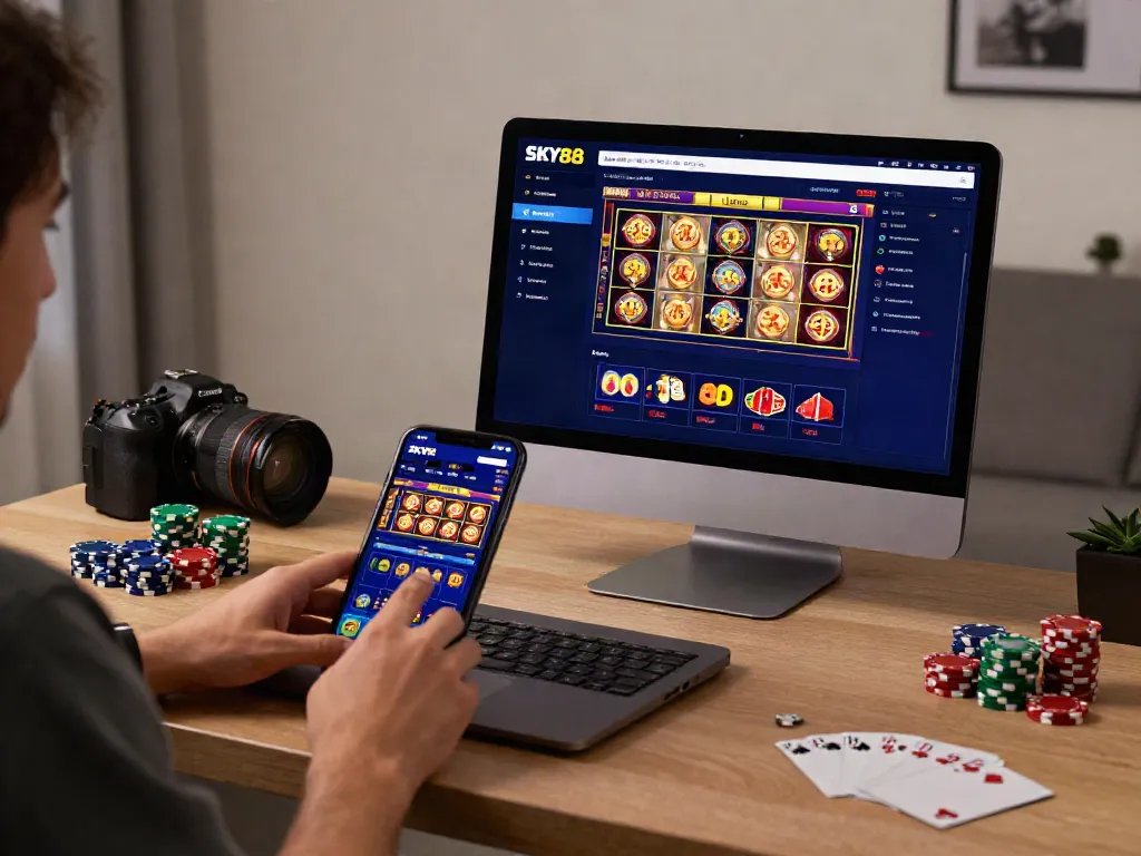 Engaging with SKY88 on devices in a modern gaming home office.