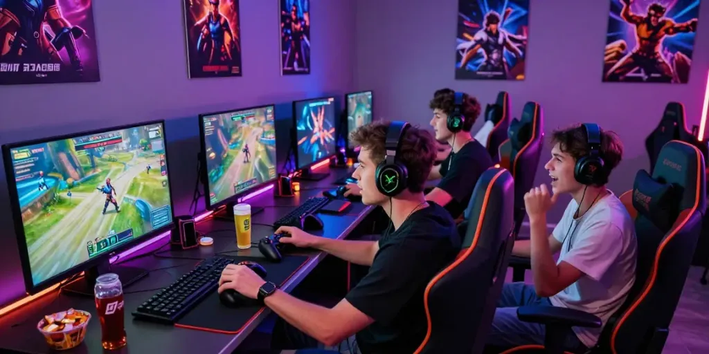 Kelompok teman bermain tisu4d di ruang gaming dengan suasana ceria dan aksesoris modern.