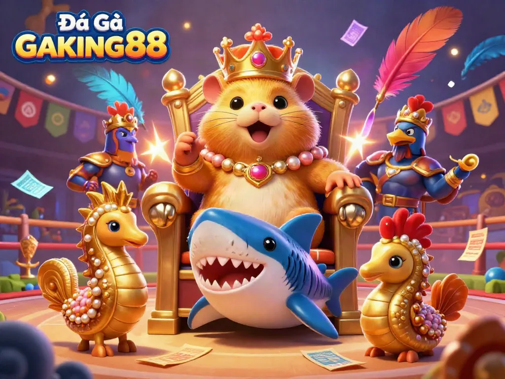 Experience the thrill of Đá Gà GAKING88 with the golden hamster king in a vibrant cockfighting arena.