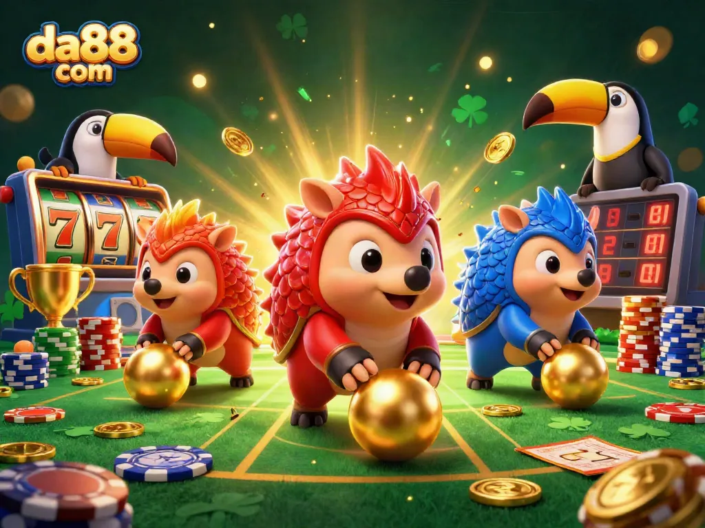 Spin with excitement at da88 com as rival pangolins battle through a vibrant casino scene.