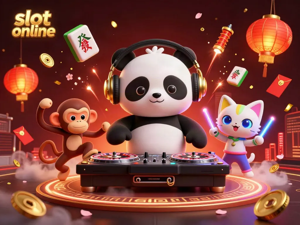 Experience thrilling slot online action with a DJ panda, breakdancing monkey, and rave gear kitten in a vibrant casino scene.