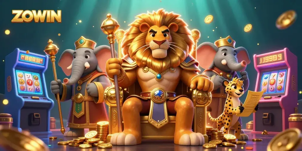 ZOWIN players hit jackpots with vibrant slot machines and royal characters in a dynamic casino scene.