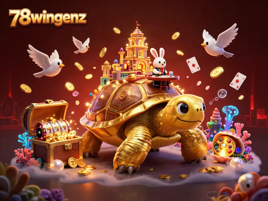 Experience the thrilling casino world with 78wingenz featuring a golden tortoise and vibrant game elements.