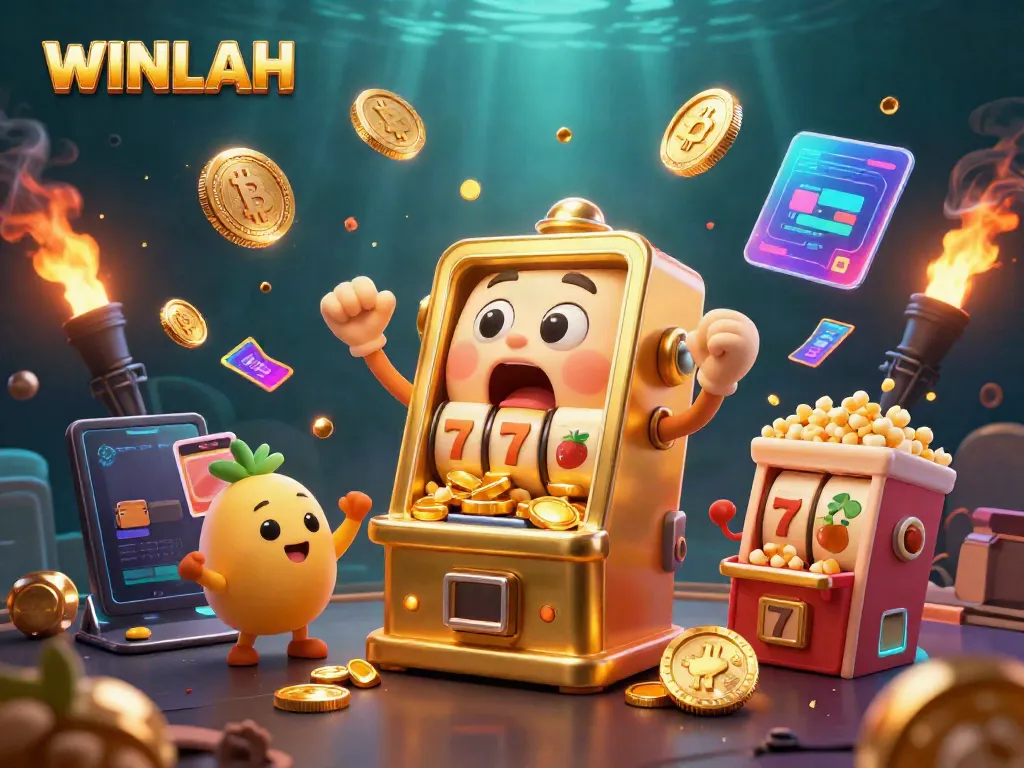 WINLAH slot machine celebrating a jackpot while golden coins overflow, creating a vibrant digital casino scene.