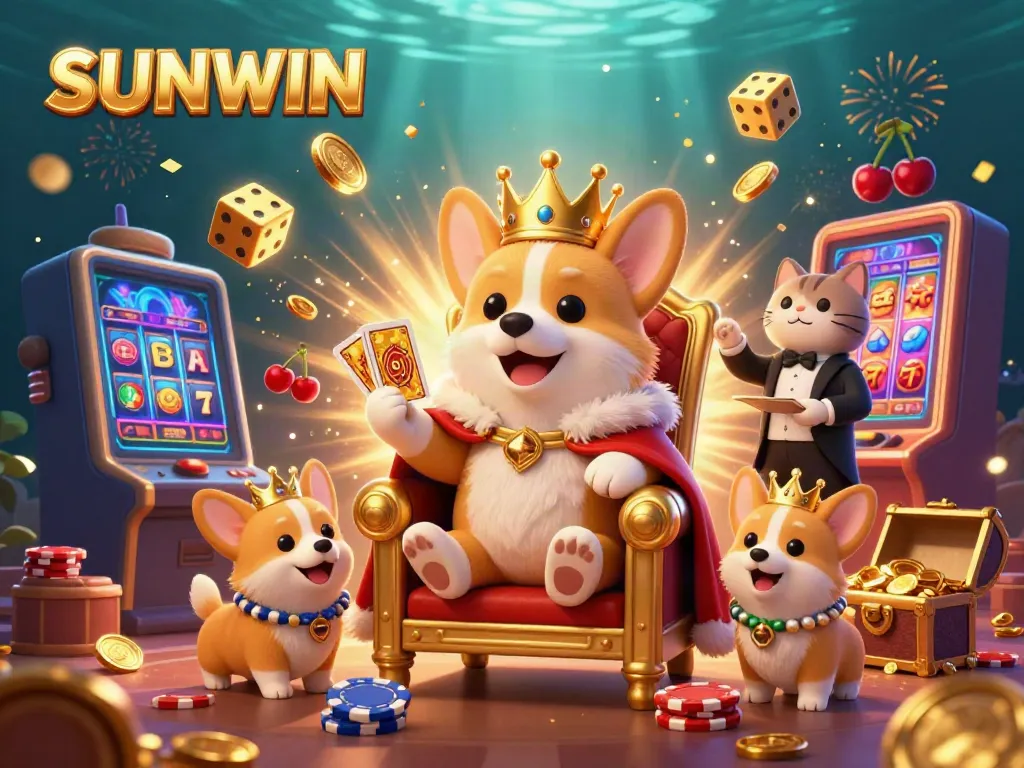 Experience the SUNWIN jackpot excitement with this vibrant 3D casino scene illustrating gaming royalty.