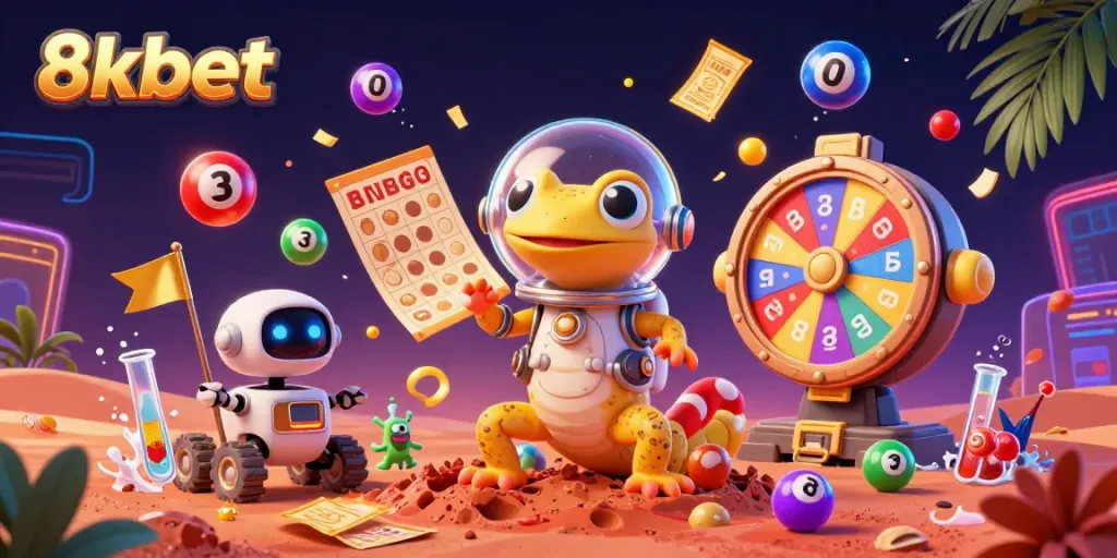 Engage with games at 8xbet as a Martian gecko and robot explore a golden casino amidst vibrant lottery elements.