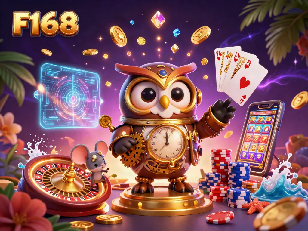 Win big with F168 in this vibrant 3D casino scene featuring an owl and clockwork mouse.