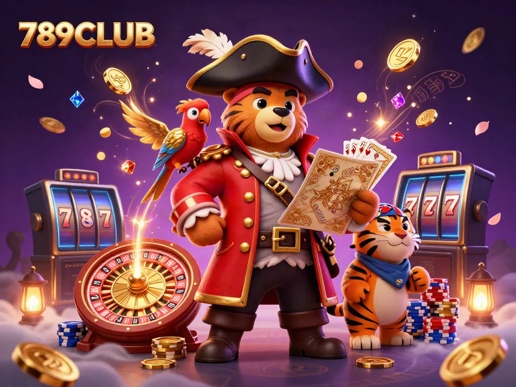 Experience the thrilling world of 789CLUB as characters engage in vibrant casino gameplay surrounded by cascading treasures.