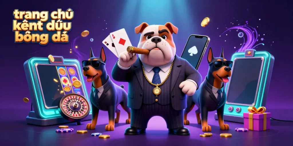 Engaging scene of "trang chủ kết quả bóng đá" featuring a mafia bulldog and bodyguard Dobermans with casino game elements.