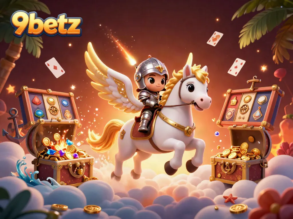 Immerse in the dynamic world of 9betz, featuring a magical scene of a white winged horse in a casino-themed adventure.